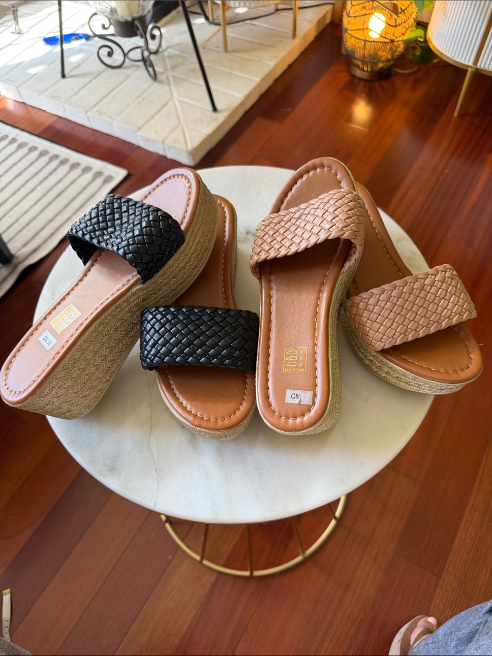 TWO SHEIN Braided Platform Slide Sandals in Black and Tan